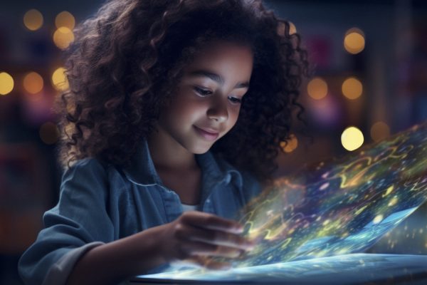 futuristic-portrait-young-girl-with-high-tech A young biracial girl, one side of her face illuminated by the glow of a holographic tablet displaying educational content, symbolizing the seamless integration of technology into everyday learning experiences. Realistic, cinematic photo, photography, cinematic tones --ar 16:9 --v 5.2 Job ID: c67f07be-989c-4825-a5ec-b8b7cbedd774